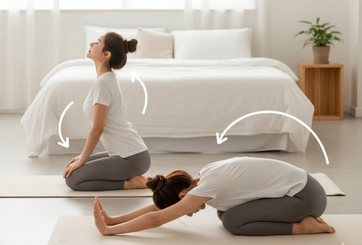 아침 10분 루틴 : 기상 후 허리 통증 완화에 좋은 고양이 소 자세 요가 동작,