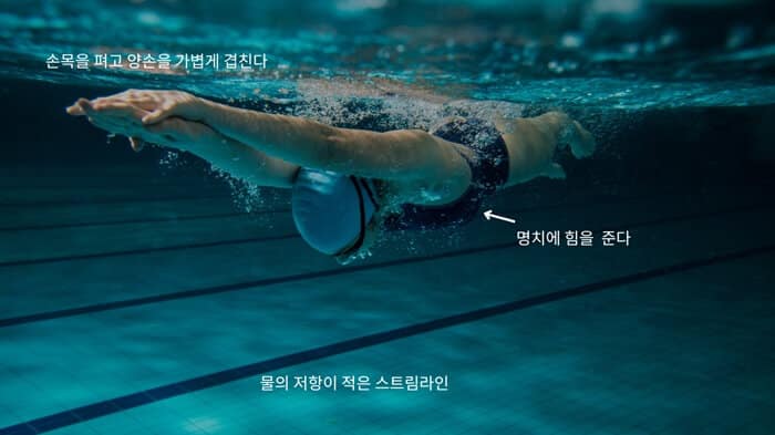 잠영속 완벽한 유선형자세를 하고 있는 여자 이미지. 손목을 펴고 양손을 가볍게 겹치고 명치에 힘을주여 물의저항을 최소화